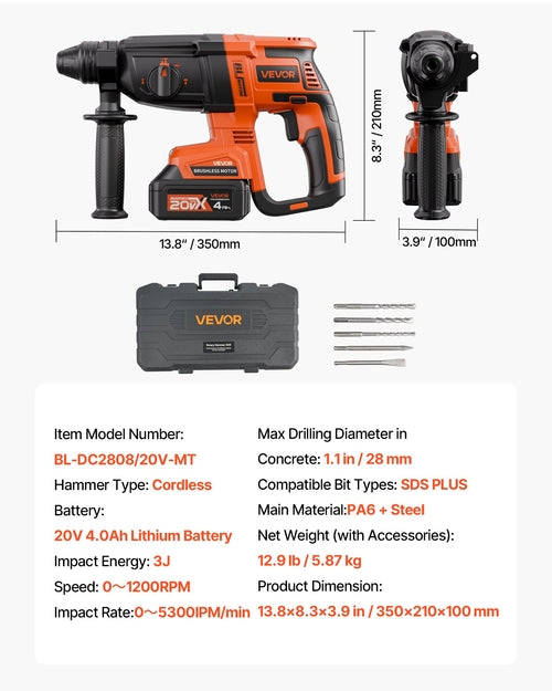20V Brushless Cordless Hammer Drill, Lithium-Ion 1.1 Inch Rotary
