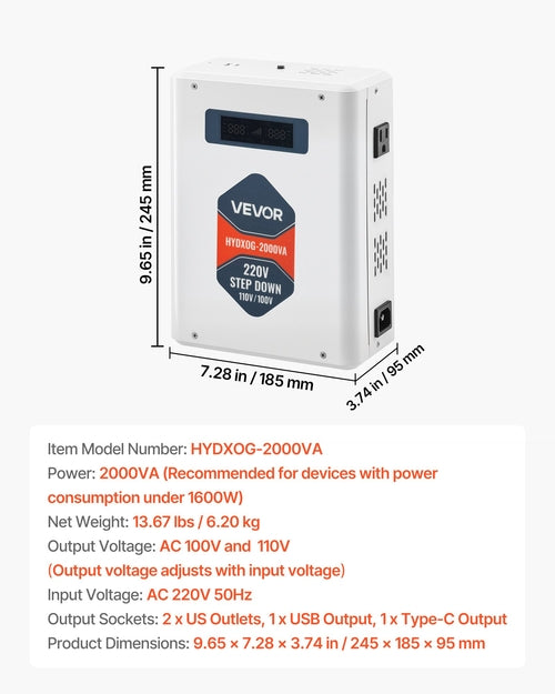 Step Down Voltage Converter, 2000VA, Heavy Duty Voltage Power
