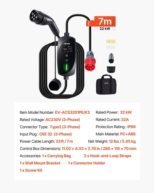 Mobile Wallbox, 22 kW 32A, Type 2 Portable EV Charger, 3 Phase